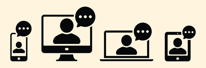 online training icon set vector illustration featuring laptop, computer monitor, tablet, and smartphone in simple modern design for e learning and digital education.