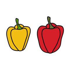 Vector illustration of fresh red and yellow peppers and a ripe paprika icon featuring a green leaf and heart symbol for healthy vegetarian diet food design