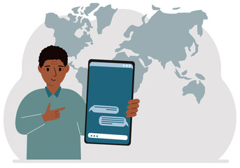 A man with a mobile phone against a world map. Connecting with the world, global network. Flat vector illustration.