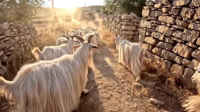 A herd of long haired goats with prominent horns walks down a dusty path between ancient stone walls toward the bright setting sun.