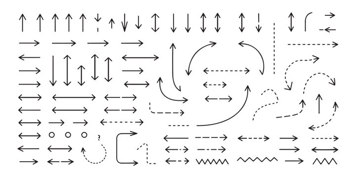 Comprehensive collection of various arrow styles in black on a clean white background, including solid and dashed lines