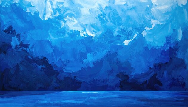 Abstract textured strokes in varying shades of blue create a dreamy, atmospheric backdrop