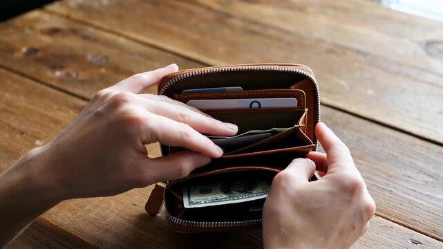 Close-up of hands organizing cash and cards inside a stylish brown wallet on a wooden table, showcasing neatness and practicality