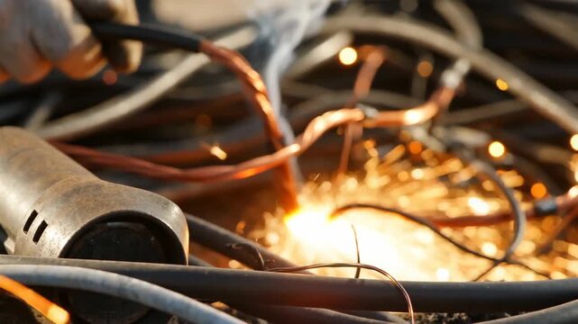 Close-up of a hand gripping a wire with sparks flying from exposed electrical connections on a tangle of wires