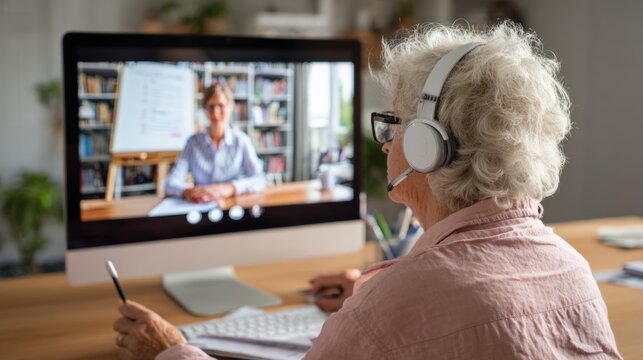 Education training class. Knowledge learning improvement study. An elderly woman seated at a desk, wearing headphones and holding a pen, intently watching a video call on a computer monitor.