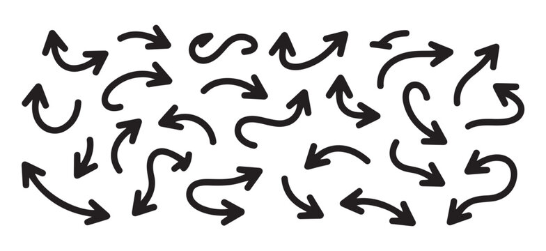 Set of hand drawn arrows pointing in various directions isolated on white background illustration