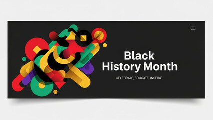 Black history month celebration banner with colorful abstract design and educational tagline on black background