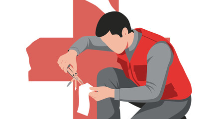 Fototapeta premium Paramedic Cutting Bandage With Scissors Near Red Cross During Medical Emergency