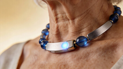 Elderly woman wearing blue beaded necklace with glowing light device. Smart wearable technology for health monitoring in seniors. Innovative jewelry blending fashion and digital health innovation