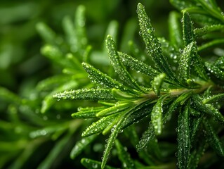 Frischer Rosmarin mit Tautropfen im warmen Morgenlicht
