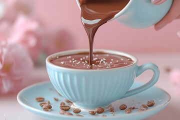 Warme Schokolade wird in elegante Tasse gegossen
