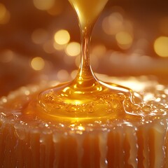 Goldener Honig flie&szlig;t auf nat&uuml;rliche Honigwabe
