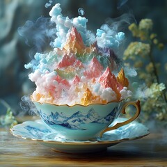 Surreale Teetasse mit alpiner Fantasielandschaft
