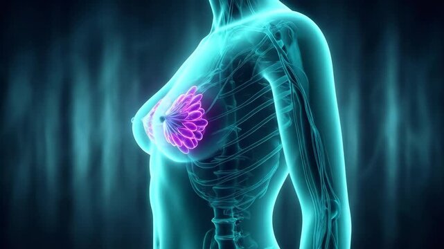 Digital illustration of female anatomy highlighting breast tissue and circulatory system, Medical visualization of internal female breast structures and vasculature