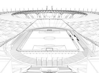 Detailed blueprint of Stadium in black and white wireframe style. The intricate drawing features the stands, floor, and walls surrounded by a large crowd.