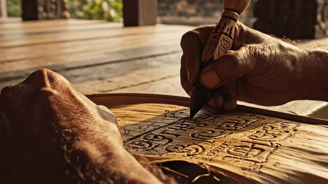 Scribe engraving sacred traditional script onto a palm leaf manuscript, honoring hindu cultural heritage and knowledge.