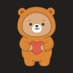 Obraz premium Cute cartoon bear in orange hoodie holds red heart on black background