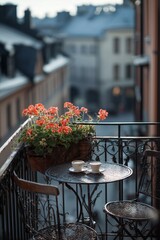 Obraz premium A narrow balcony with wrought iron railing holds a tiny round table set for two with coffee cups and potted geraniums. Rooftops stretch in soft blur beyond the rail in spring sunlight.