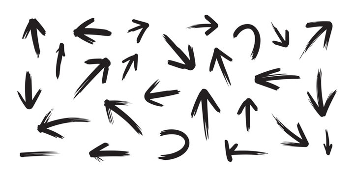 Collection of various black brush stroke arrows isolated on white background indicating different directions