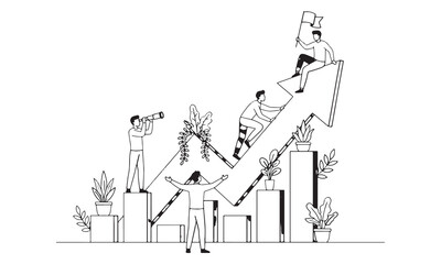 Obraz premium Business people climbing up graph with plants and cityscape background symbolizing growth and success