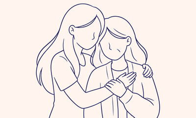 Obraz premium Two women hugging each other with comfort and support on a plain background