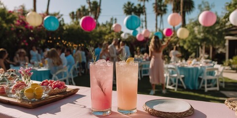 Summer birthday party with bold pastels, drinks and garden setup. Colorful streamers and happy guests create a modern, playful vibe.