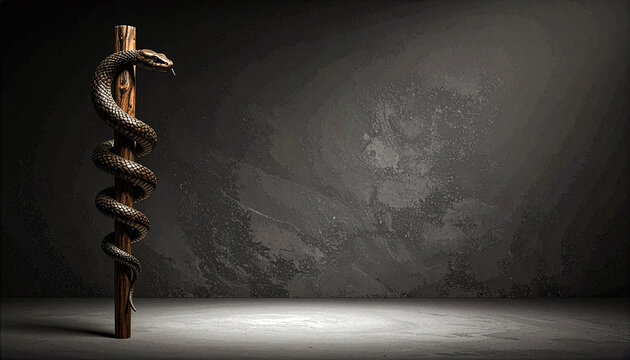Serpent Coiled Around a Wooden Staff on Dark Background 