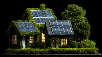 A house with solar panels on the roof. There are also trees and a car in the background