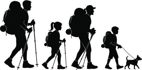 Obraz premium Family hiking silhouettes with backpacks showing parents and children trekking outdoors with dog, adventure travel lifestyle concept isolated on white background