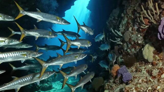 A vibrant school of sleek barracuda fish swims together near a brightly lit underwater cave entrance and rocky coral reef.