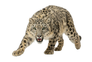 Obraz premium Snow Leopard with Spotted Fur Crouching and Staring Forward on White Background