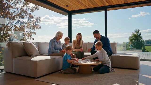 A joyful family gathering indoors, engaged in a fun puzzle activity on a sunny day with soft natural lighting