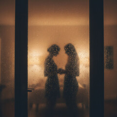 Valenstine day Silhouettes of two people shaking hands through a foggy glass door