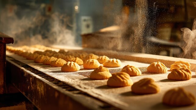 Fresh baked cookies rest on a conveyor belt, dusted with flour. Great for bakery ads, food blogs, and industrial process themes.