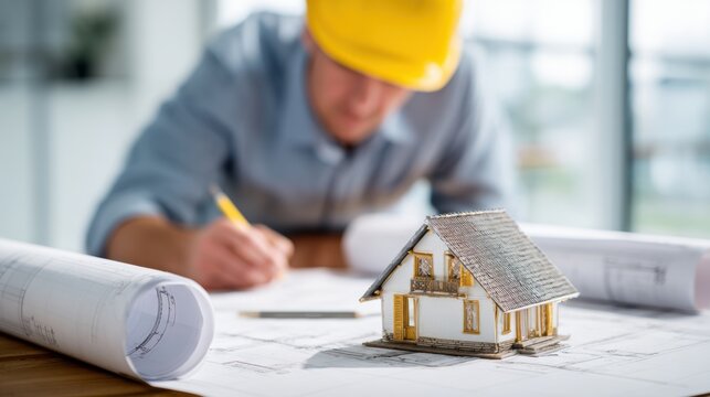 Real estate business market, house home building purchase sale. A man in a blue shirt and yellow hard hat intently studying architectural blueprints on a wooden table.