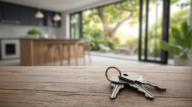 Real estate business market, house home building purchase sale. A wooden table with a set of keys on it, set against a blurred background of a kitchen and dining area.