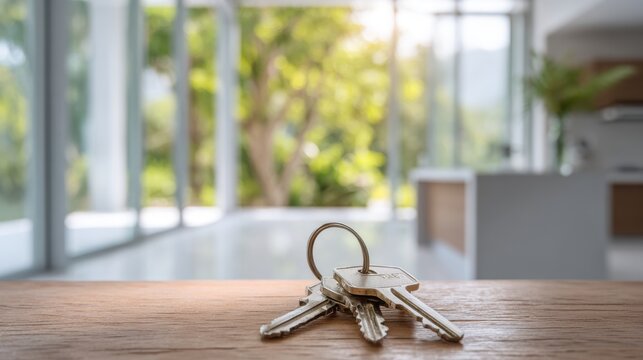 Real estate business market, house home building purchase sale. A wooden table with a bunch of keys sitting on top of it in front of a window.