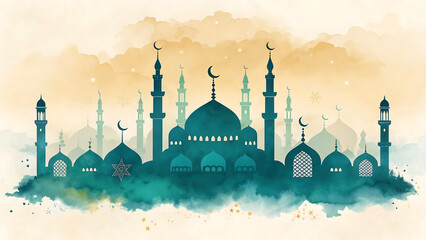 A serene mosque with minarets and domes under a peaceful sky with crescent moons