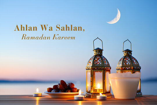 A serene ramadan kareem welcome scene with illuminated lanterns, dates, and a crescent moon
