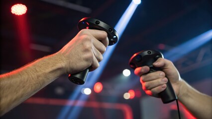 Hands holding gaming controllers in a dynamic lighting environment, showcasing an engaging gaming experience.