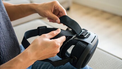 A person adjusts the straps of a virtual reality headset while seated in a comfortable environment.