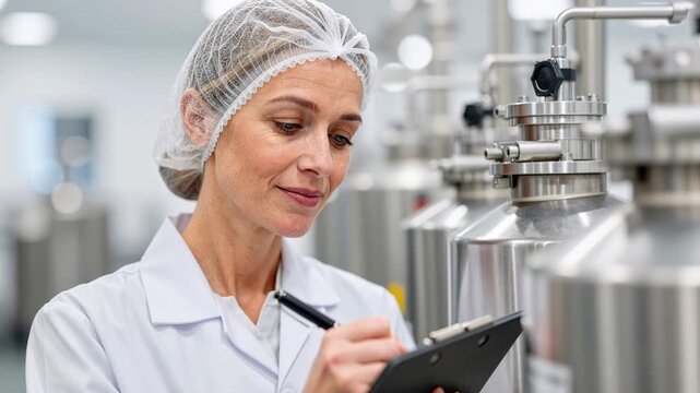 female quality control technician wearing protective hair net and lab coat while inspecting stainless steel industrial equipment and taking notes in a modern manufacturing facility