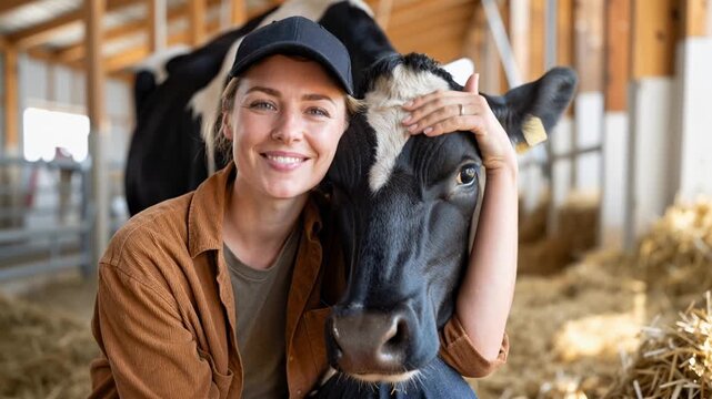 smiling female farmer sharing a tender moment with her cow inside a barn, showing animal care, agriculture life and human animal bond