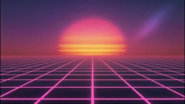 80s sunset gradient with pink, orange, purple tones, faint VHS grain, minimal ambient