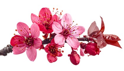 A branch of pink cherry blossoms with stamens visible against a clean white background