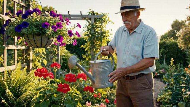 Elderly gardener in a straw hat carefully waters vibrant red geraniums and hanging purple flowers in a lush summer garden setting