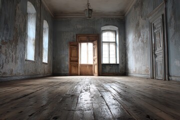 Obraz premium Dim light enters a weathered room with wooden floors and peeling blue paint. Perfect for conveying decay, abandonment, or a forgotten space.