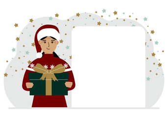 A woman in a red sweater and a red cap with a large gift box. 5 minutes before Christmas or New Year. Vector flat illustration.