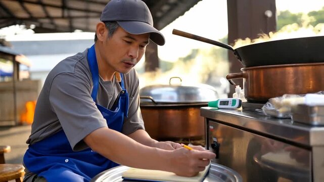 Focused chef jotting down notes while preparing food outdoors at a bustling market during sunset