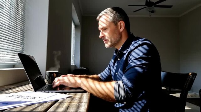 A focused man working on a laptop at a sunlit table, shadows from blinds creating striped patterns on him